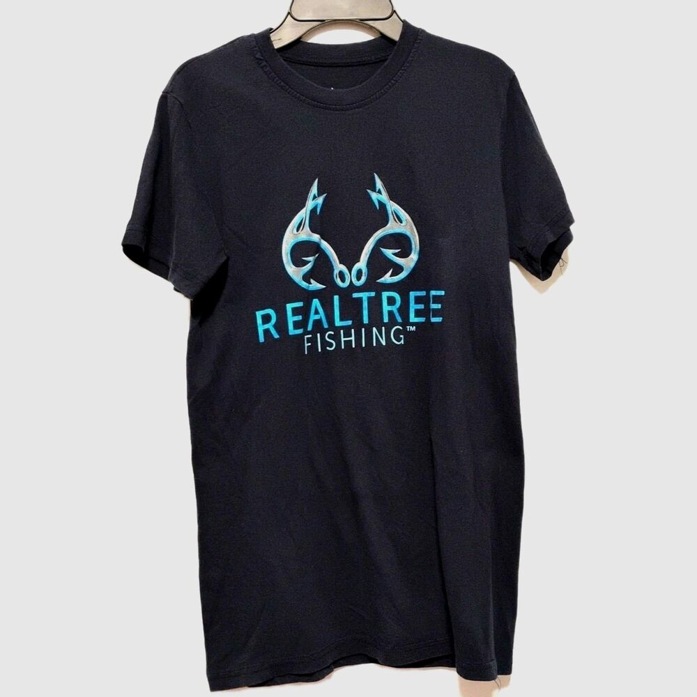 Realtree Fishing T-Shirt Mens Small Gray Blue Graphic Short Sleeve Cotton Outdoo